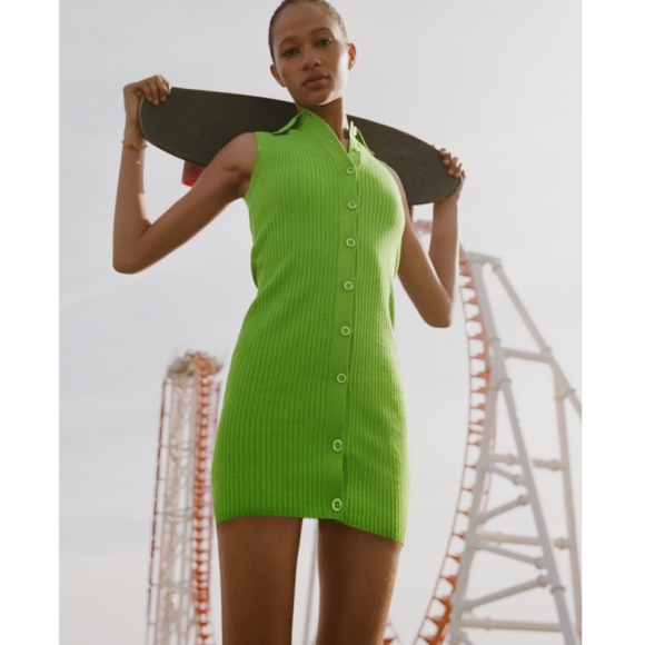 Zara Dresses Zara Lime Green Ribbed Button Down Knit Mini Dress